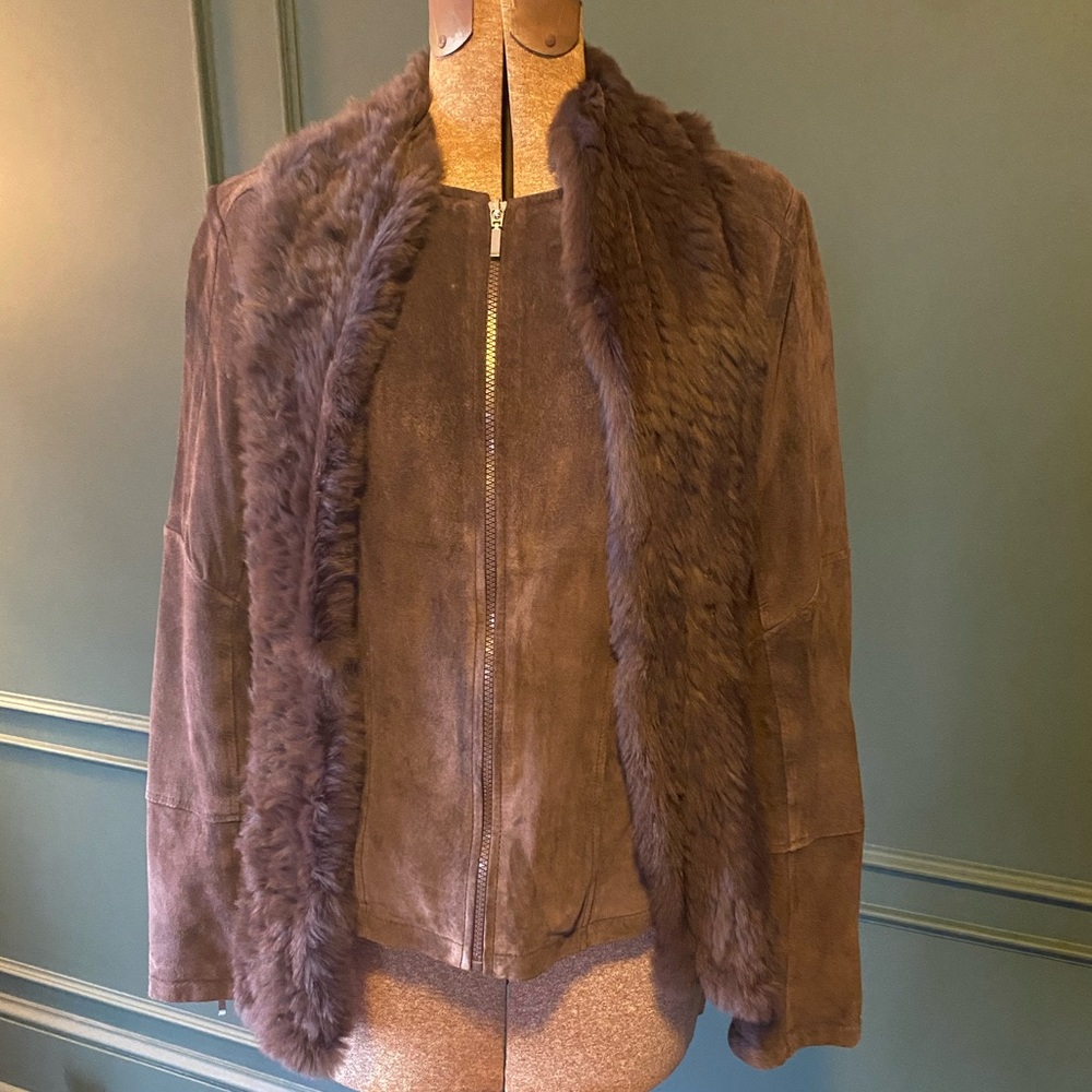 Brown 100% Suede Jacket with Genuine Fur Removable Scarf